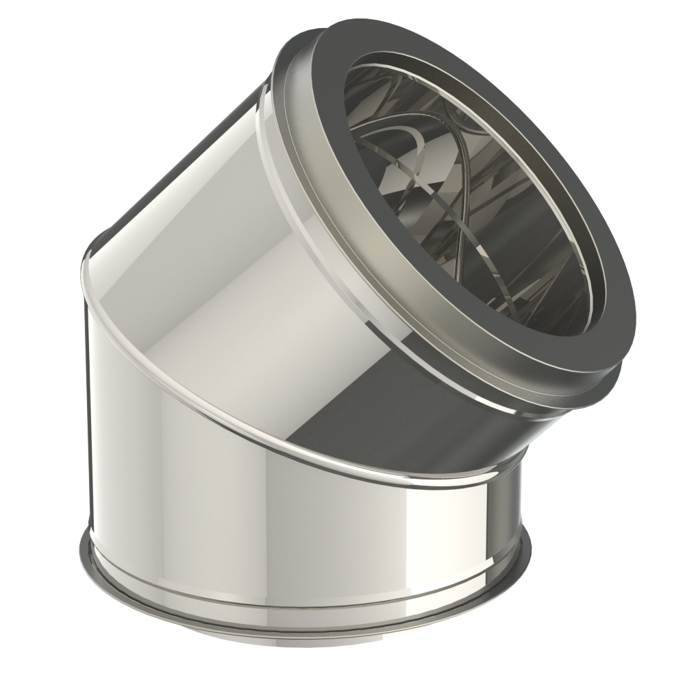 Dubbelwandige bocht INOX / RVS diameter 180/230mm, hoek is 45 graden.