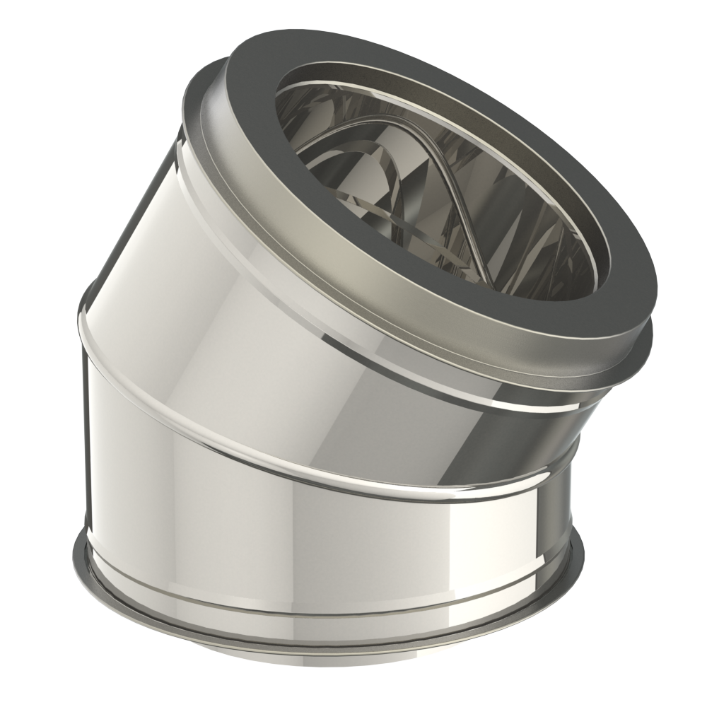 Dubbelwandige bocht INOX / RVS diameter 200/250mm, hoek is 30 graden.