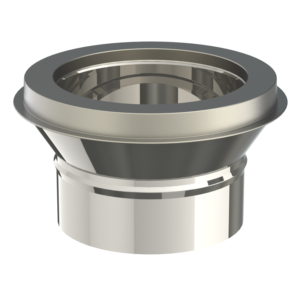 Enkelwandig naar dubbelwandig overgangstuk INOX / RVS diameter enkelwandig 200mm, diameter dubbelwandig is 200/250mm.